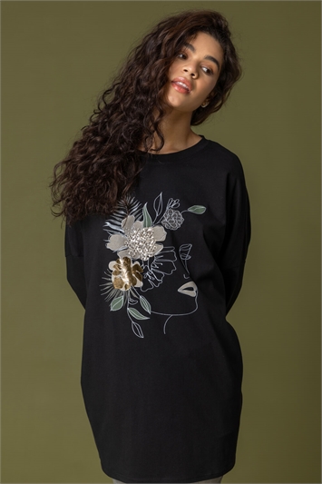 Black Abstract Floral Print Sweat Top