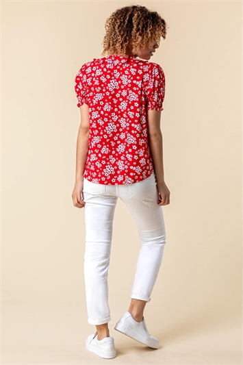 Red Floral Print Frill Detail Blouse, Image 2 of 5