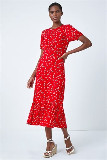 Red Ditsy Floral Print Midi Dress