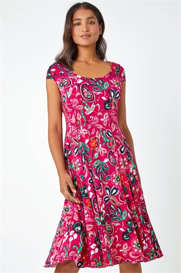 Pink Paisley Print Panelled Stretch Dress