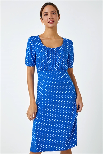 Blue Polka Dot Print Stretch Dress