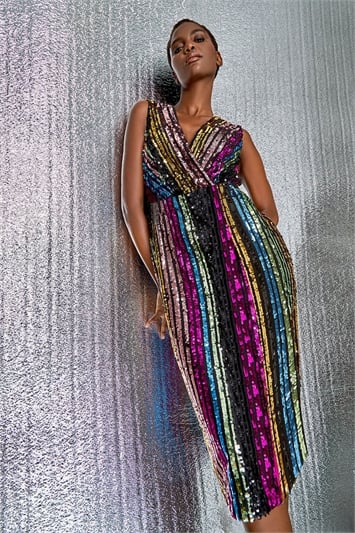 Multi Sequin Stripe Belted Midi Dress