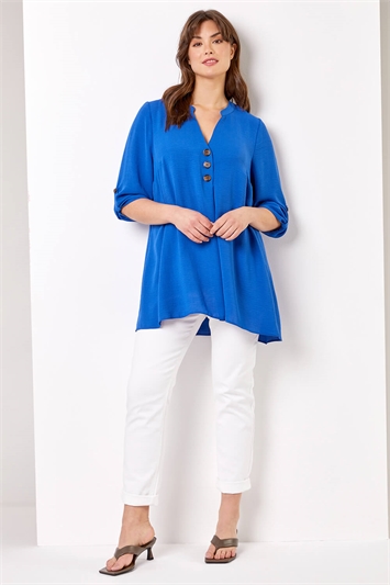 Royal Blue Curve Button Detail Tunic Top, Image 3 of 4