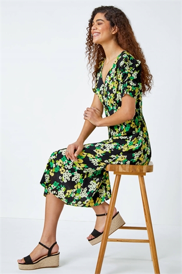 Green Ditsy Floral Ruched Sleeve Midi Dress