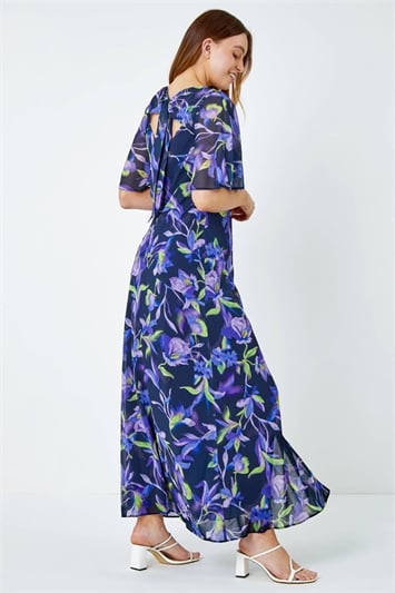 Blue Floral Print Chiffon Maxi Dress