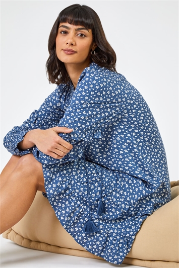 Blue Ditsy Floral Print Tunic Dress, Image 5 of 5
