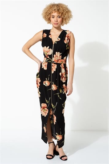 Black Floral Zip Front Maxi Dress