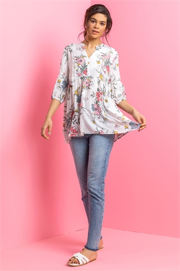 White Floral Print Notch Neck Top, Image 3 of 4