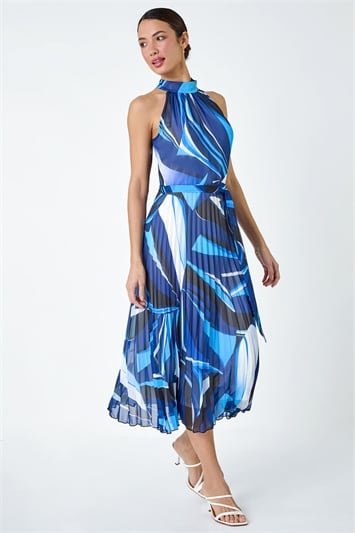 Blue Abstract Print Midi Pleated Dress