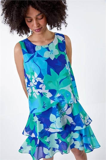 Blue Floral Print Tiered Layer Dress