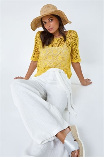 Yellow Cotton Crochet T-Shirt