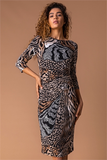 Brown Textured Abstract Animal Print Dress