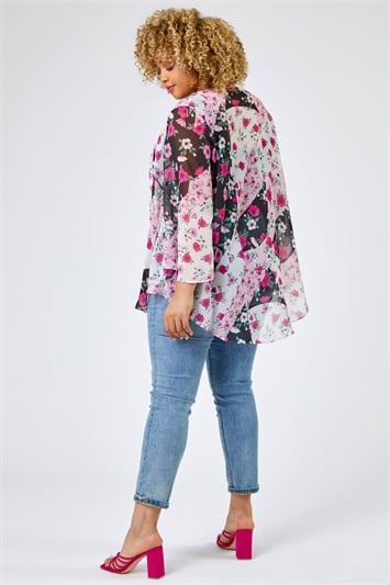 Pink Curve Patchwork Floral Print Kimono, Image 2 of 5