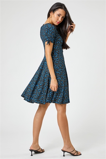 Blue Ditsy Floral Print Ruched Tea Dress, Image 2 of 4