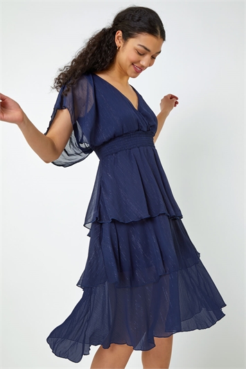 Blue Shimmer Detail Tiered Wrap Dress