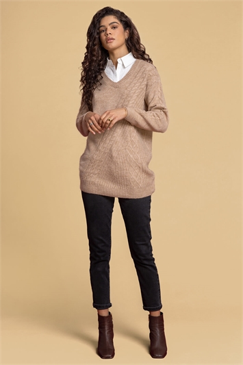 Camel Shirt Collared Cable Knit Jumper, Image 3 of 5
