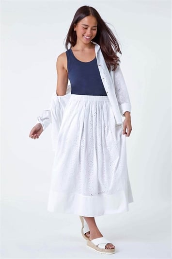 White Petite Cotton Broderie Midi Skirt