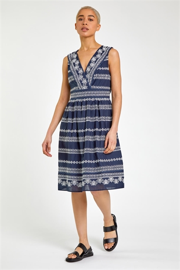 Navy Broderie Detail Fit & Flare Day Dress, Image 3 of 5