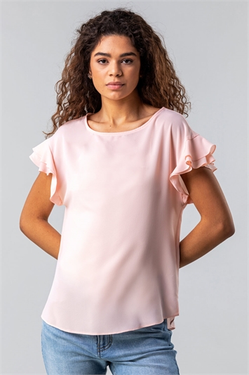 Light Pink Ruffle Detail Short Sleeve Top, Image 4 of 5