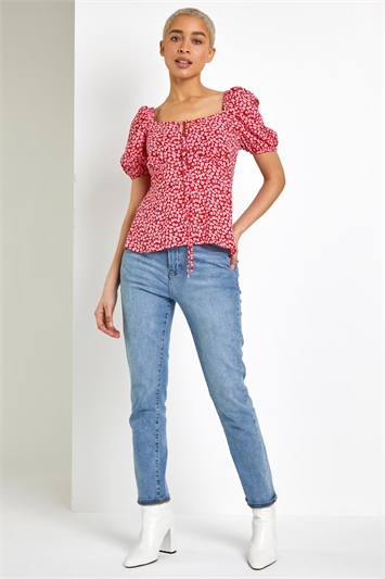 Red Ditsy Floral Tie Neck Peplum Top, Image 3 of 5