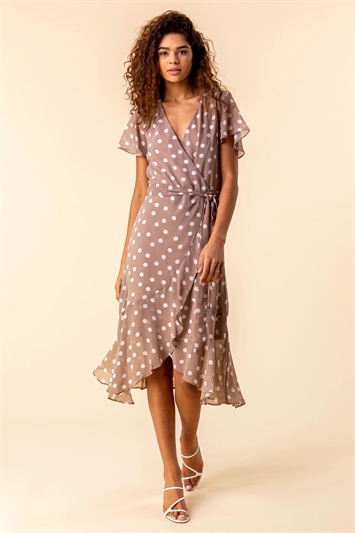 Taupe Frilled Hem Spot Print Dress, Image 3 of 4