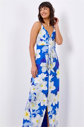 Royal Blue Floral Print Twist Front Maxi Dress