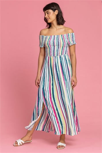 Multi Shirred Stripe Print Bardot Dress, Image 3 of 5