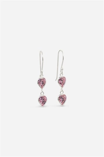 Metallic Sterling Silver Cubic Zirconia Pink Heart Drop Earrings