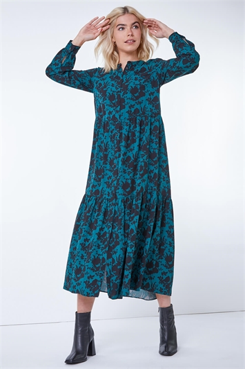 Blue Floral Print Midi Shirt Dress