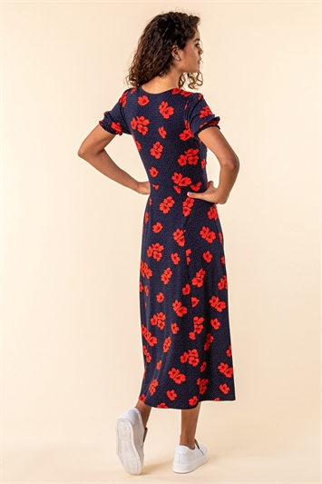 Navy Floral Print Ruched Maxi Dress, Image 2 of 4