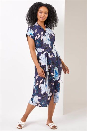 Navy Petite Floral Print Belted Shirt Dress, Image 3 of 4