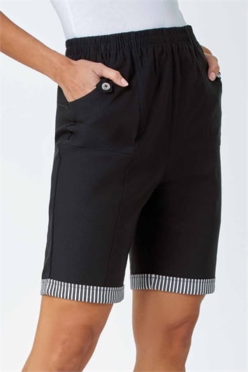 Black Contrast Detail Elastic Waist Stretch Shorts