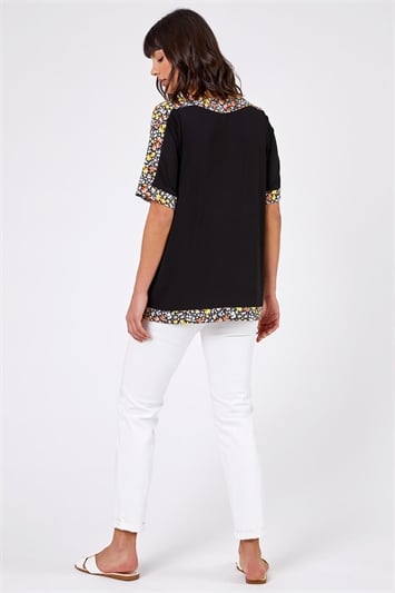 Black Floral Print Contrast Jeresey Top, Image 3 of 4