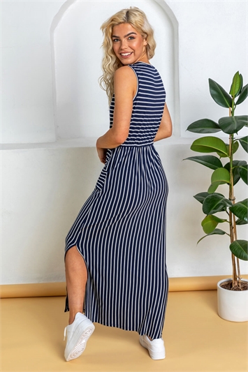 Navy Striped Draw Cord Maxi Dress, Image 2 of 4