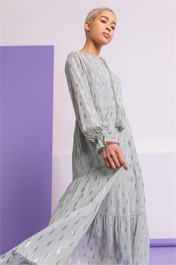 Sage Foil Print Shimmer Tiered Dress, Image 5 of 5