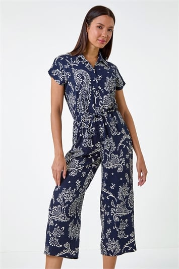 Blue Paisley Textured Stretch Jersey Jumpsuit