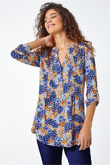 Orange Ditsy Floral Pintuck 3/4 Sleeve Jersey Shirt