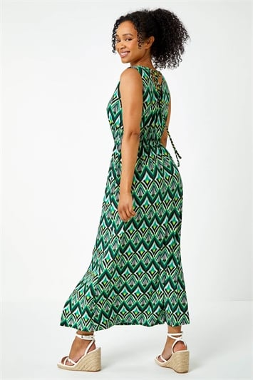 Green Petite Aztec Print Shirred Maxi Dress