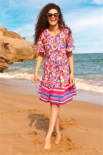 Pink Printed Frill Sleeve Tiered Smock Dress