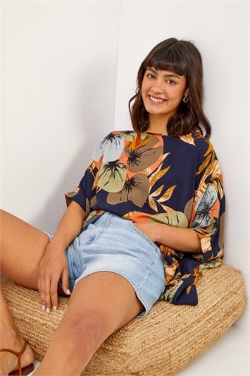 Navy Palm Print Button Back Top, Image 1 of 5