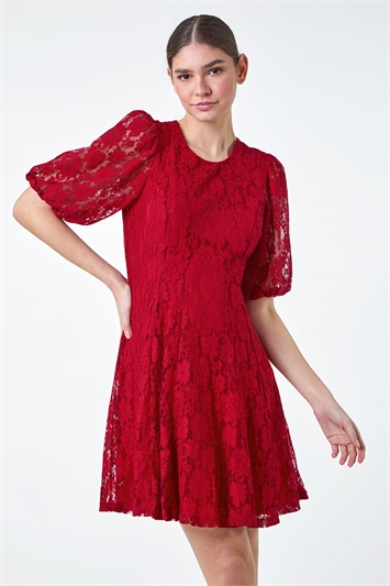 Red Cotton Blend Lace Bell Sleeve Dress