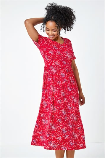 Red Petite Floral Print Midi Dress