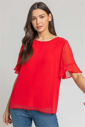 Red Plain Frill Detail Chiffon Top