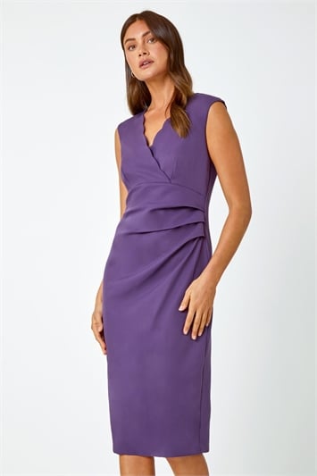 Purple Sleeveless Pleated Stretch Ruched Dress