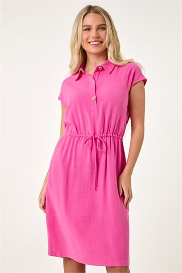 Pink Petite Button Detail Tie Waist Shirt Dress