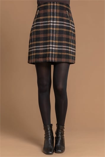 Brown Checked Zip Detail Brushed Skirt