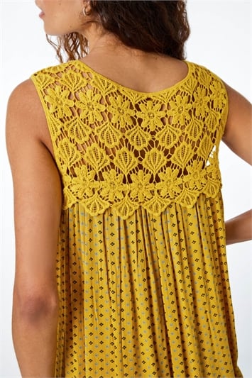 Yellow Ditsy Print Lace Yoke Swing Dress