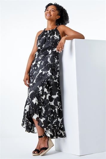 Black Petite Frill Hem Midi Dress, Image 1 of 5