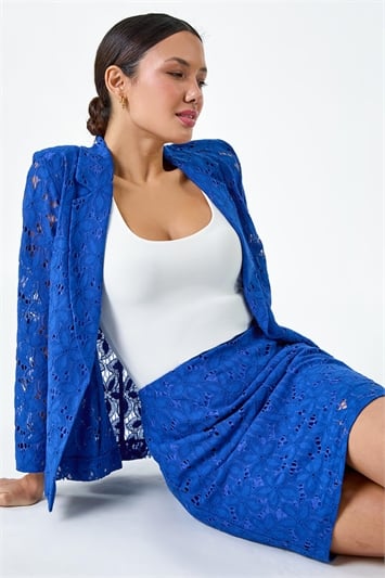 Blue Cotton Blend Floral Lace A Line Skirt