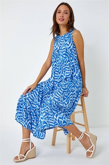 Blue Sleeveless Geometric Print Smock Dress